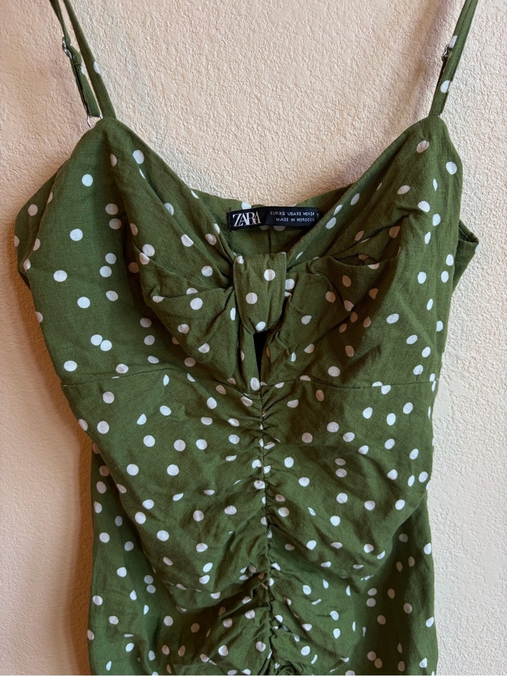 Zara Green White Linen Polka Dot Ruched Mini Dress Ruffle Hem Cottagecore Y2K - Picture 4 of 9